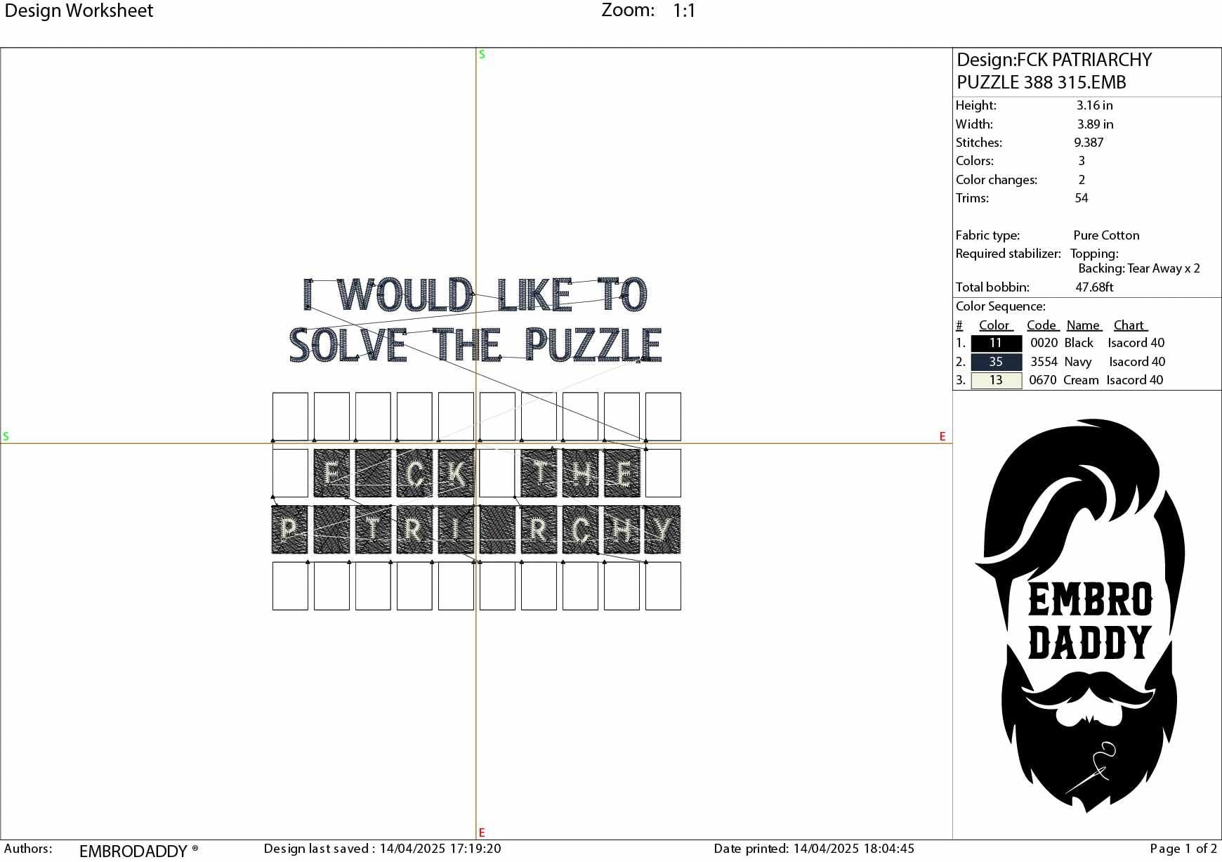 Machine Embroidery files, Fuck the Patriarchy, Feminist, Women's Rights, Equal Rights PES, dst, vip, xxx, hus & more