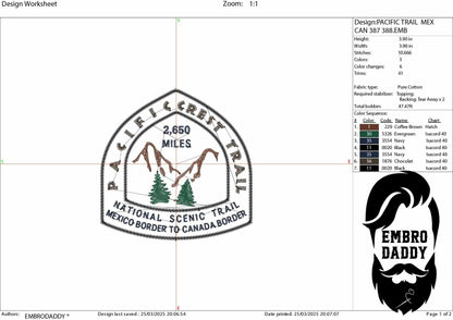 Machine Embroidery files, Pacific crest Trail, Hikers, Mexico to Canada, PES, 1st, xxx, hus & more