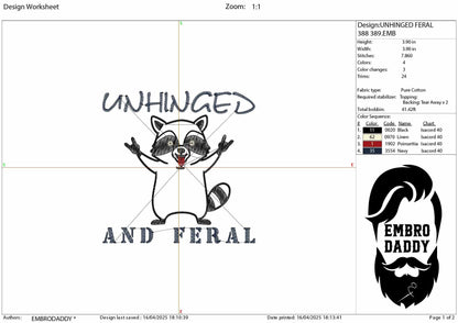 Machine Embroidery files, Unhinged And Feral, Funny Raccoon, Rock'n Feral Racoon, Vintage Feral Mom, Feral Girl PES, DST, xxx, hus & more