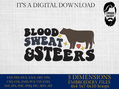 Machine Embroidery files, Show Steer, Blood Sweat and Steers, Cattle Show, Livestock, State Fair, stock, Show Cow, PES, dst, xxx hus & more