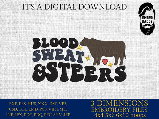 Machine Embroidery files, Show Steer, Blood Sweat and Steers, Cattle Show, Livestock, State Fair, stock, Show Cow, PES, dst, xxx hus & more