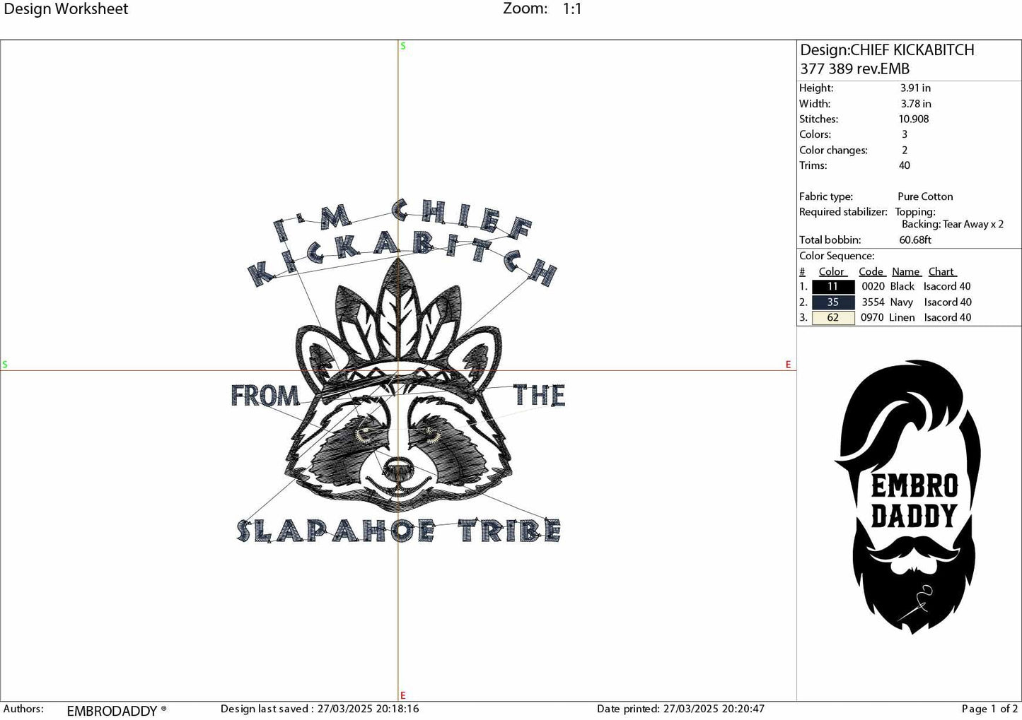 Machine Embroidery files, Chief Kickabitch Slapahoe Tribe, Funny, Sarcastic, Raccoon, PES, dst, hus & more