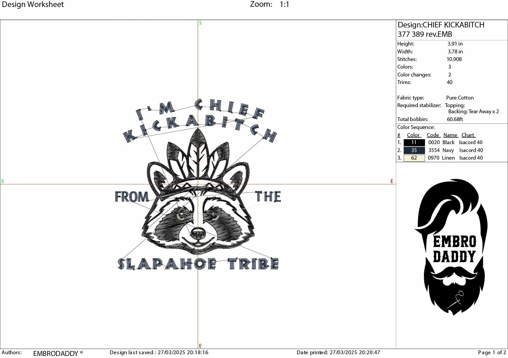 Machine Embroidery files, Chief Kickabitch Slapahoe Tribe, Funny, Sarcastic, Raccoon, PES, dst, hus & more