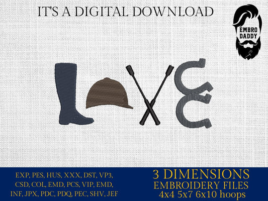 Machine Embroidery files, love Hunter Jumper, Horse Show, Jumping horse, Show Jumper, equestrian, PES, DST, xxx, hus & more