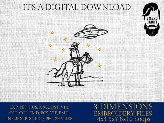 Machine Embroidery files, Retro Cowboy, UFO, Western, Vintage, Funny, Futuristic, Cowboy, PES, xxx, hus & more