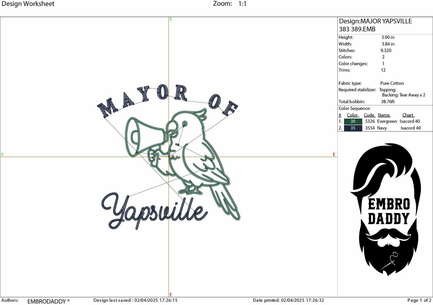 Machine Embroidery files, Mayor Of Yapsville, Funny, Cute, Parrot, Bird, Watcher, Vintage, Sarcastic, PES, DST, xxx, hus & more