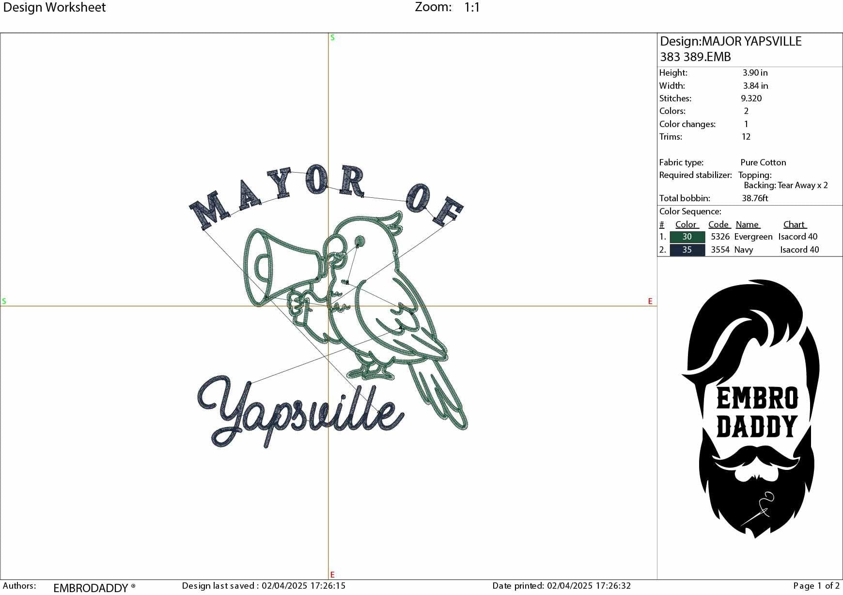 Machine Embroidery files, Mayor Of Yapsville, Funny, Cute, Parrot, Bird, Watcher, Vintage, Sarcastic, PES, DST, xxx, hus & more