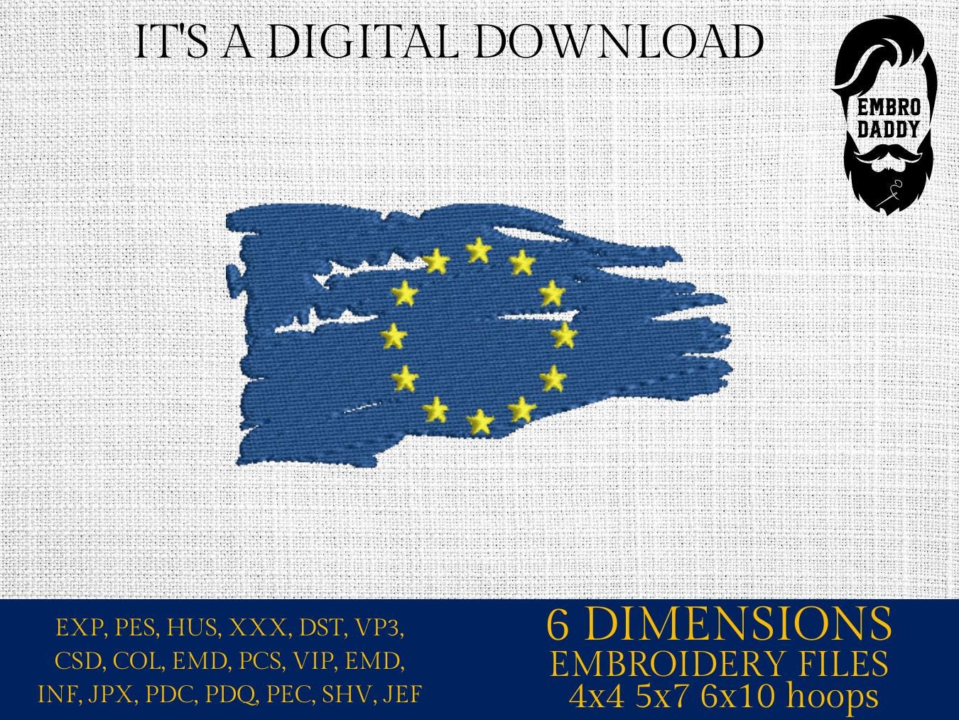 Machine Embroidery, European Union flag distressed 6 sizes, Europe lover, Europe embroidery files, gift idea PES, xxx, hus & more