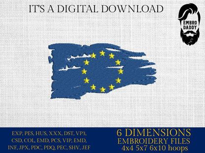 Machine Embroidery, European Union flag distressed 6 sizes, Europe lover, Europe embroidery files, gift idea PES, xxx, hus & more