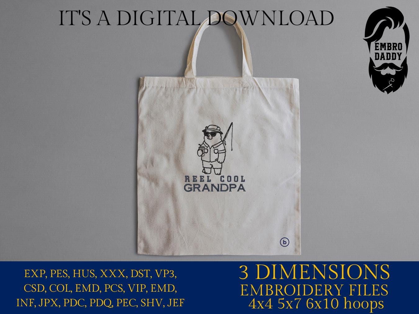 Machine Embroidery, Reel Cool Grandpa, Funny Fishing, Retro, Summer, Bear, Fishing Dad, Gift for Grandpa, PES, xxx, hus & more