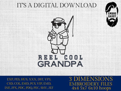 Machine Embroidery, Reel Cool Grandpa, Funny Fishing, Retro, Summer, Bear, Fishing Dad, Gift for Grandpa, PES, xxx, hus & more