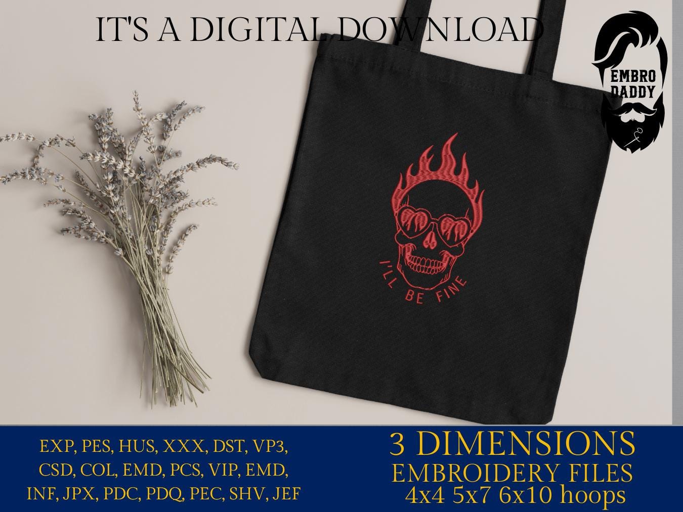 Machine Embroidery files, Flaming Meme Skull, Minimal Funny Skull, Mental Health, Retro, Heart-Shaped, I'm Fine, PES, dst, xxx, hus & more