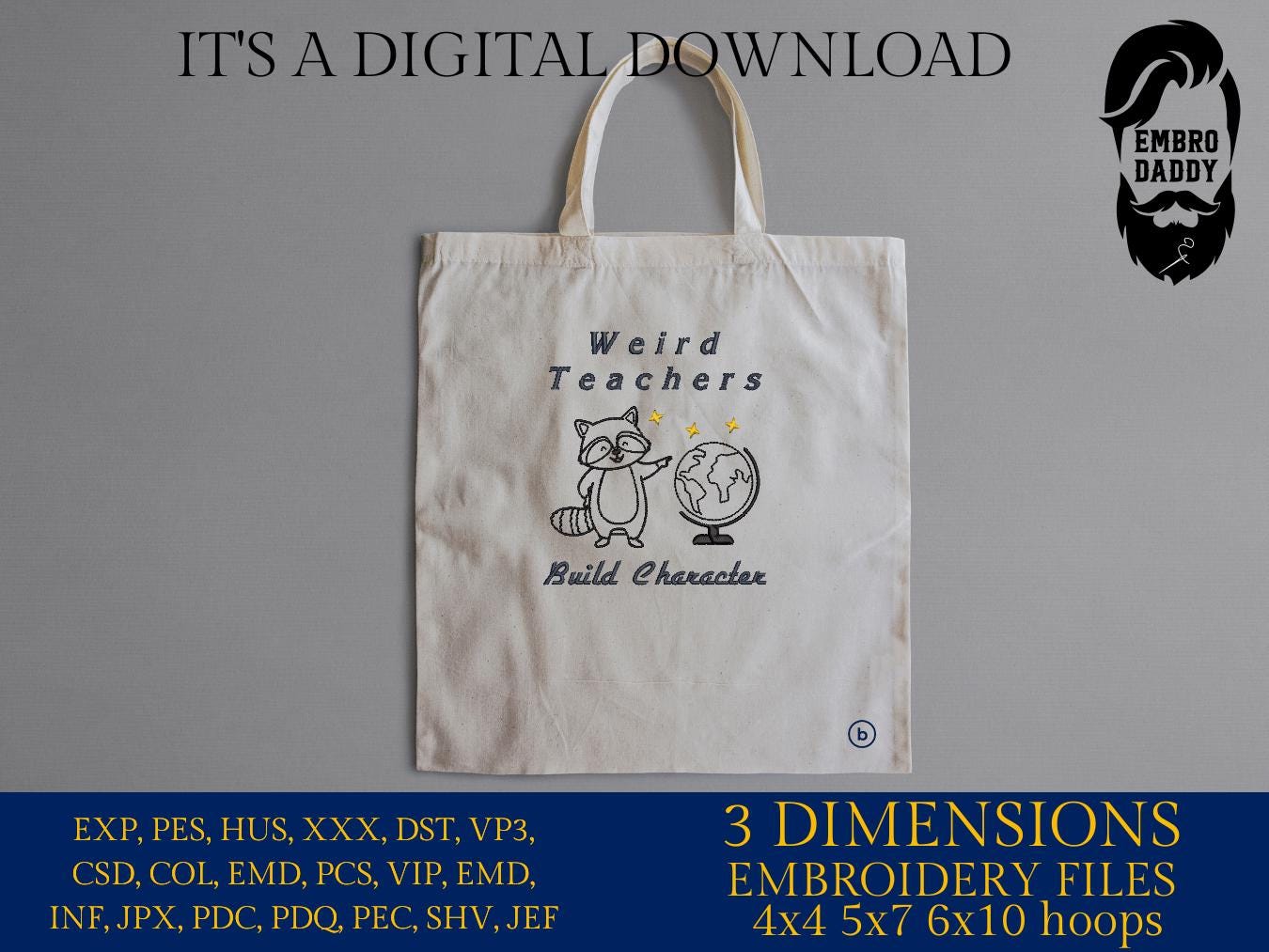Machine Embroidery files, Weird Teachers Build Character, Funny Raccoon Design, Funny Teacher, Best Teacher, PES, xxx, hus & more