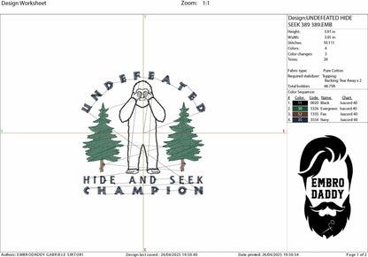 Machine Embroidery files, bigfoot, Undefeated hide and seek world champion, PES, xxx, hus & more