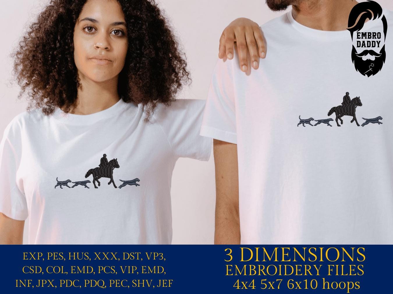 Machine Embroidery files, Foxhunting, Foxhunt, Fox hunter, Huntsman on horse, Hounds chasing fox in a fox hunt, PES, DST, xxx, hus & more