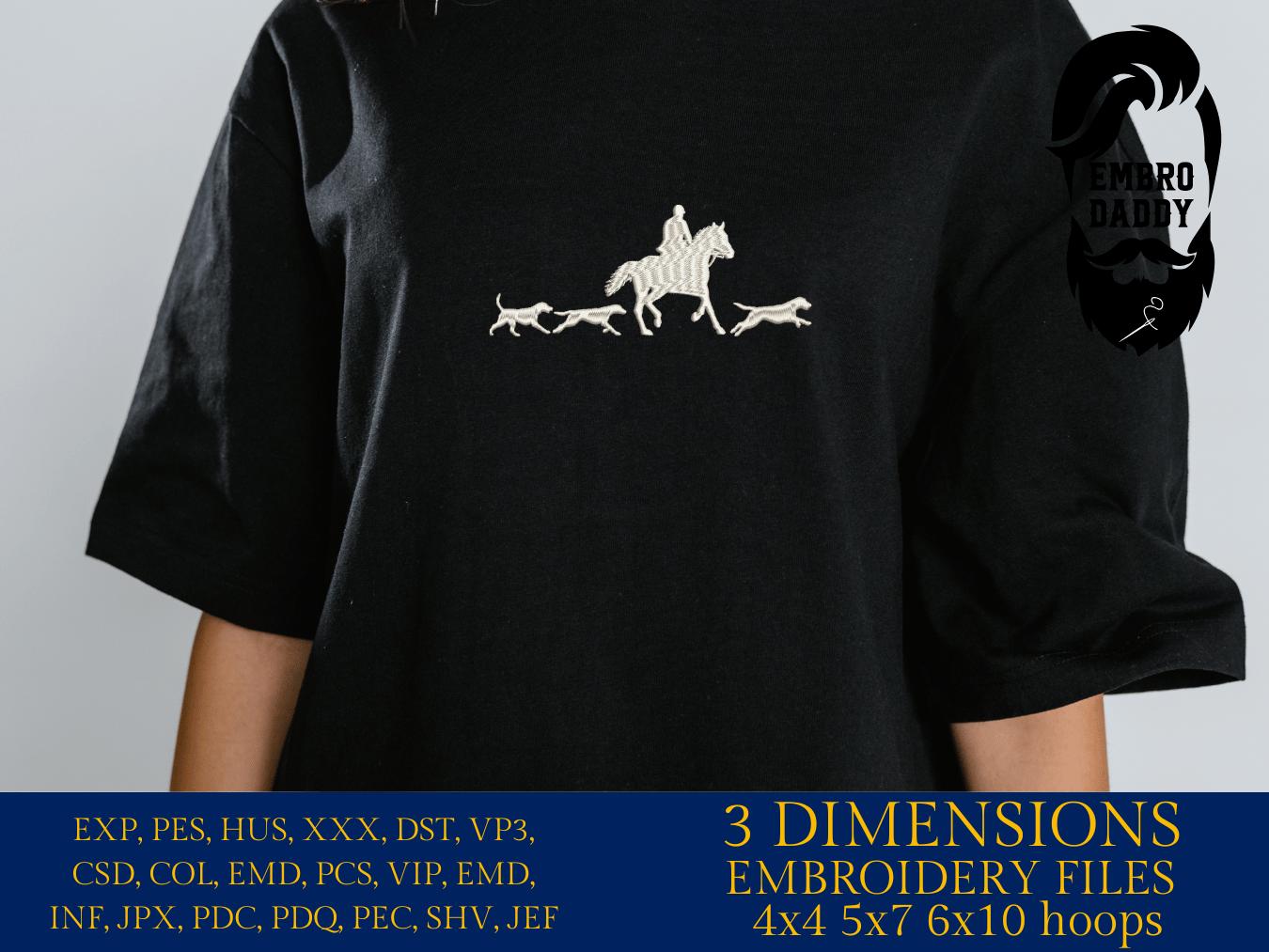 Machine Embroidery files, Foxhunting, Foxhunt, Fox hunter, Huntsman on horse, Hounds chasing fox in a fox hunt, PES, DST, xxx, hus & more