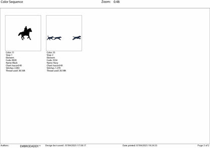 Machine Embroidery files, Foxhunting, Foxhunt, Fox hunter, Huntsman on horse, Hounds chasing fox in a fox hunt, PES, DST, xxx, hus & more
