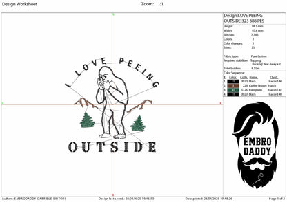 Machine Embroidery files, I Love Peeing Outside, Funny Assquatch, Funny Camping, Humorous Outdoor, Camper and Nature, PES, xxx, hus & more