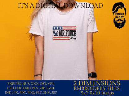Machine Embroidery files, Air Force mom, USA flag, PES, DST, xxx, hus & more