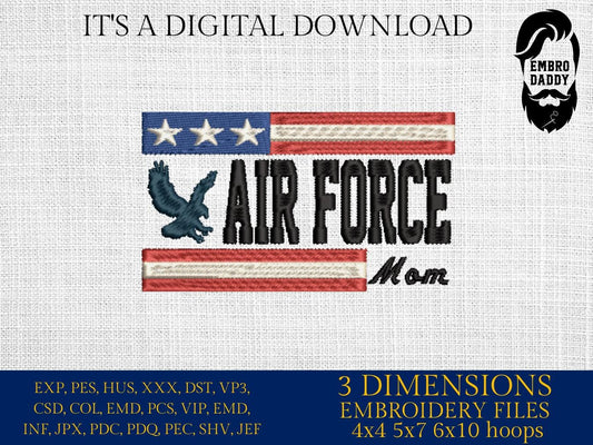 Machine Embroidery files, Air Force mom, USA flag, PES, DST, xxx, hus & more