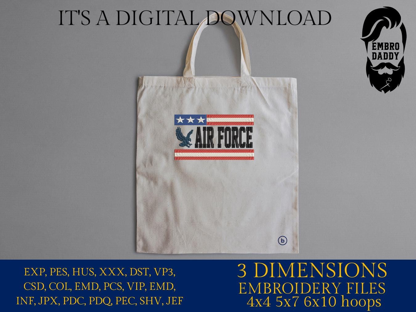 Machine Embroidery files, Air Force, USA flag, PES, DST, xxx, hus & more