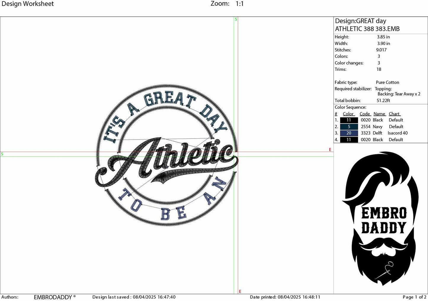 Machine Embroidery files, It's a Great Day To Be An Athletic, PES, xxx, hus & more, embroidery files