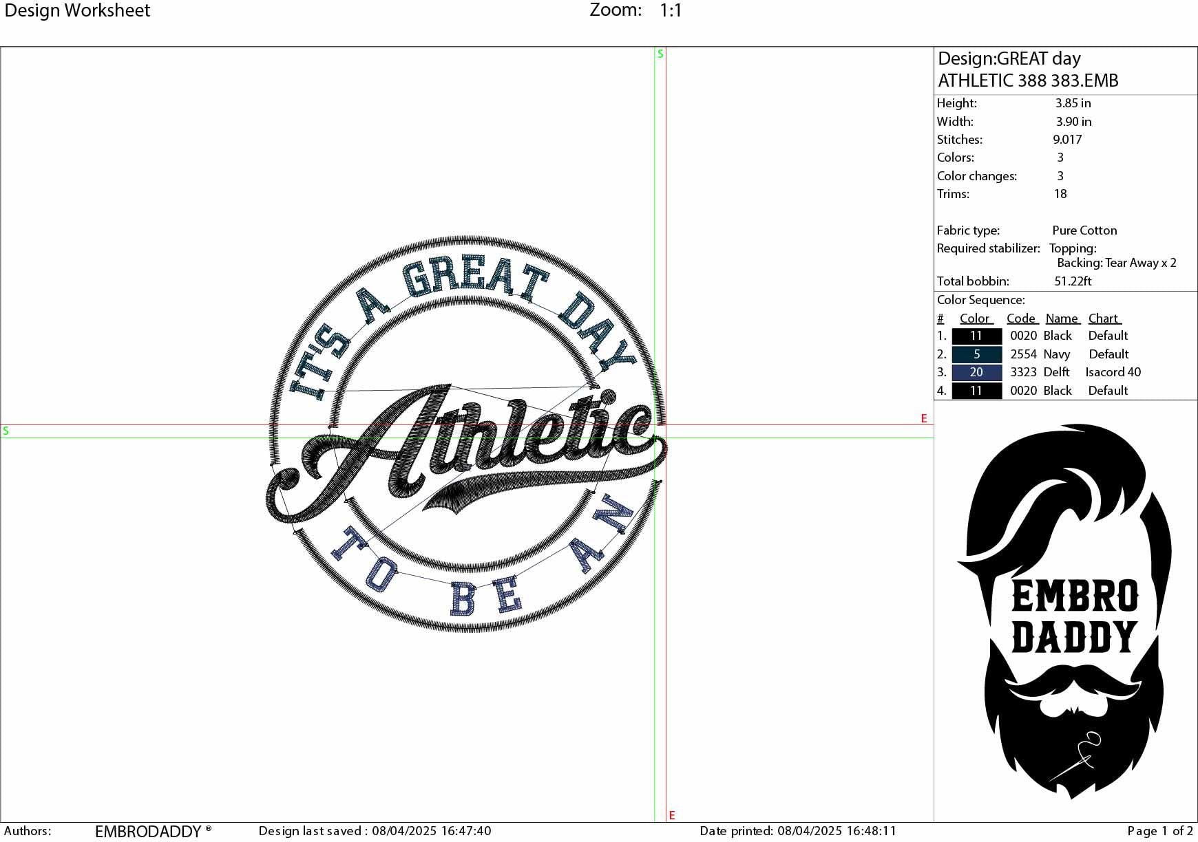 Machine Embroidery files, It's a Great Day To Be An Athletic, PES, xxx, hus & more, embroidery files