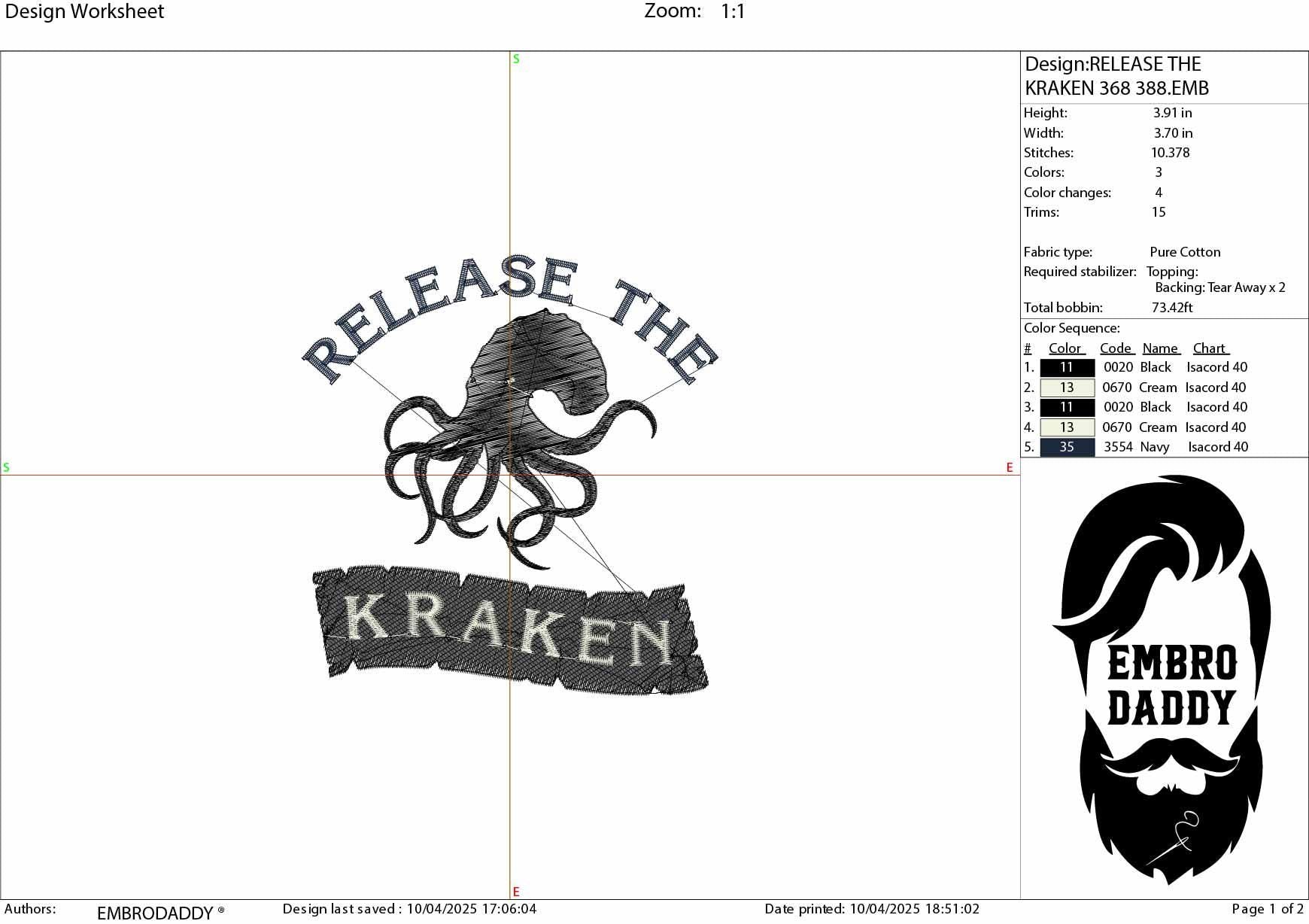 Machine Embroidery files, Release the Kraken, Pirate, Pirate Quote, Octopus, Tentacles, Ocean Sea Monster, PES, DST, xxx, hus and more