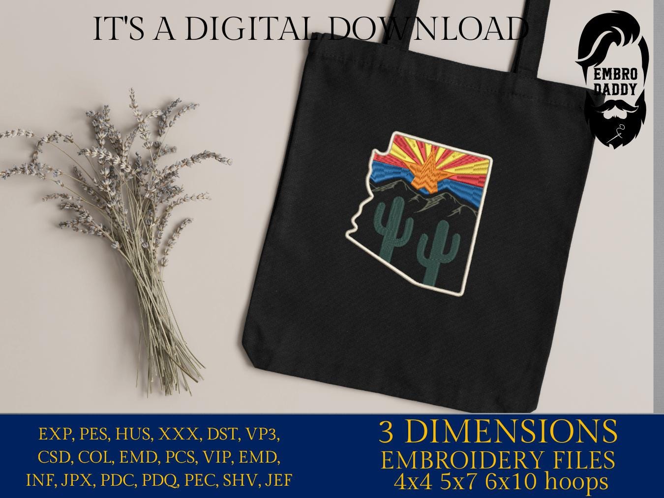 Machine Embroidery files, State of Arizona, Arizona flag, cactus, DST, PES, xxx hus & more