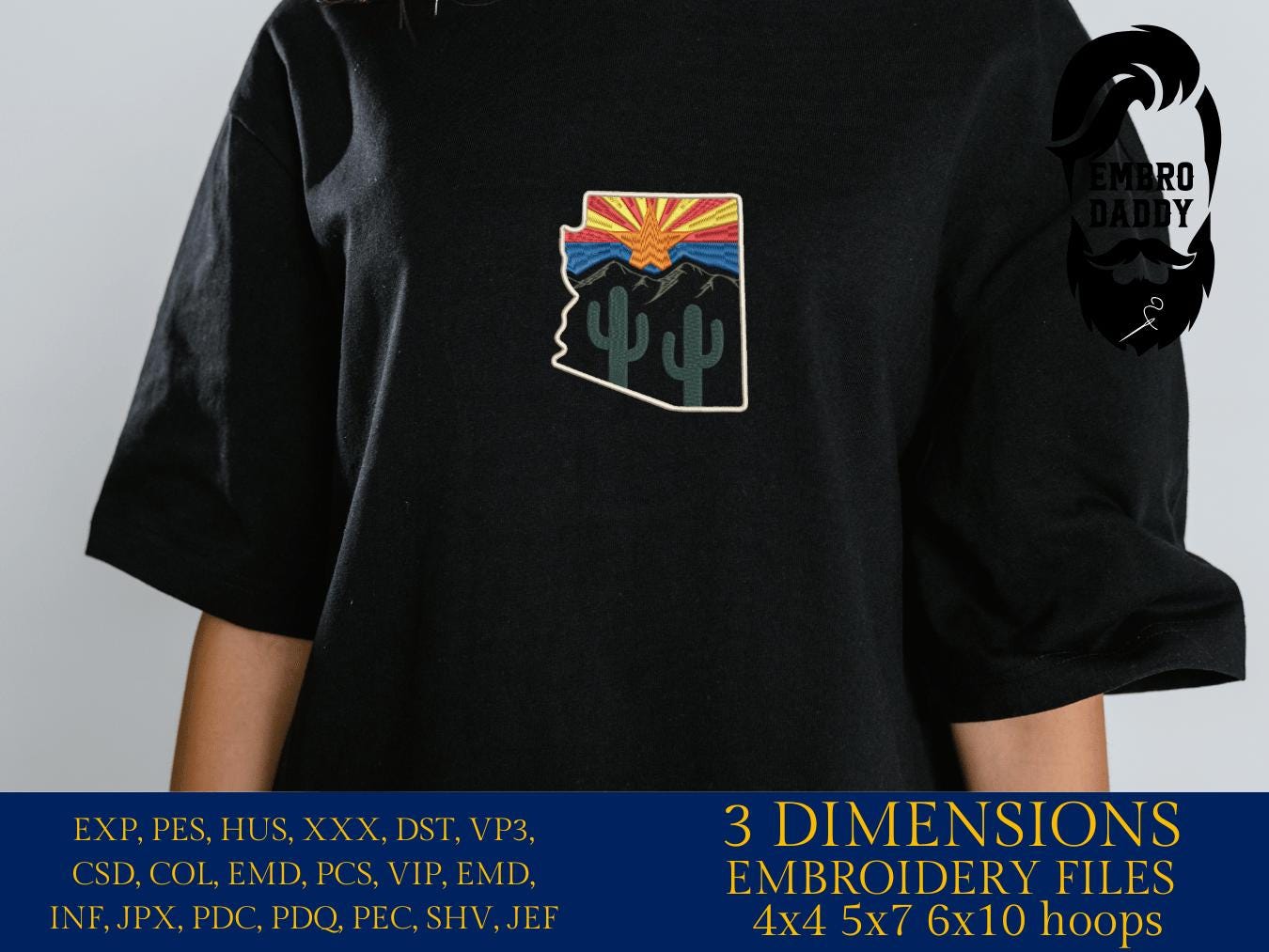Machine Embroidery files, State of Arizona, Arizona flag, cactus, DST, PES, xxx hus & more
