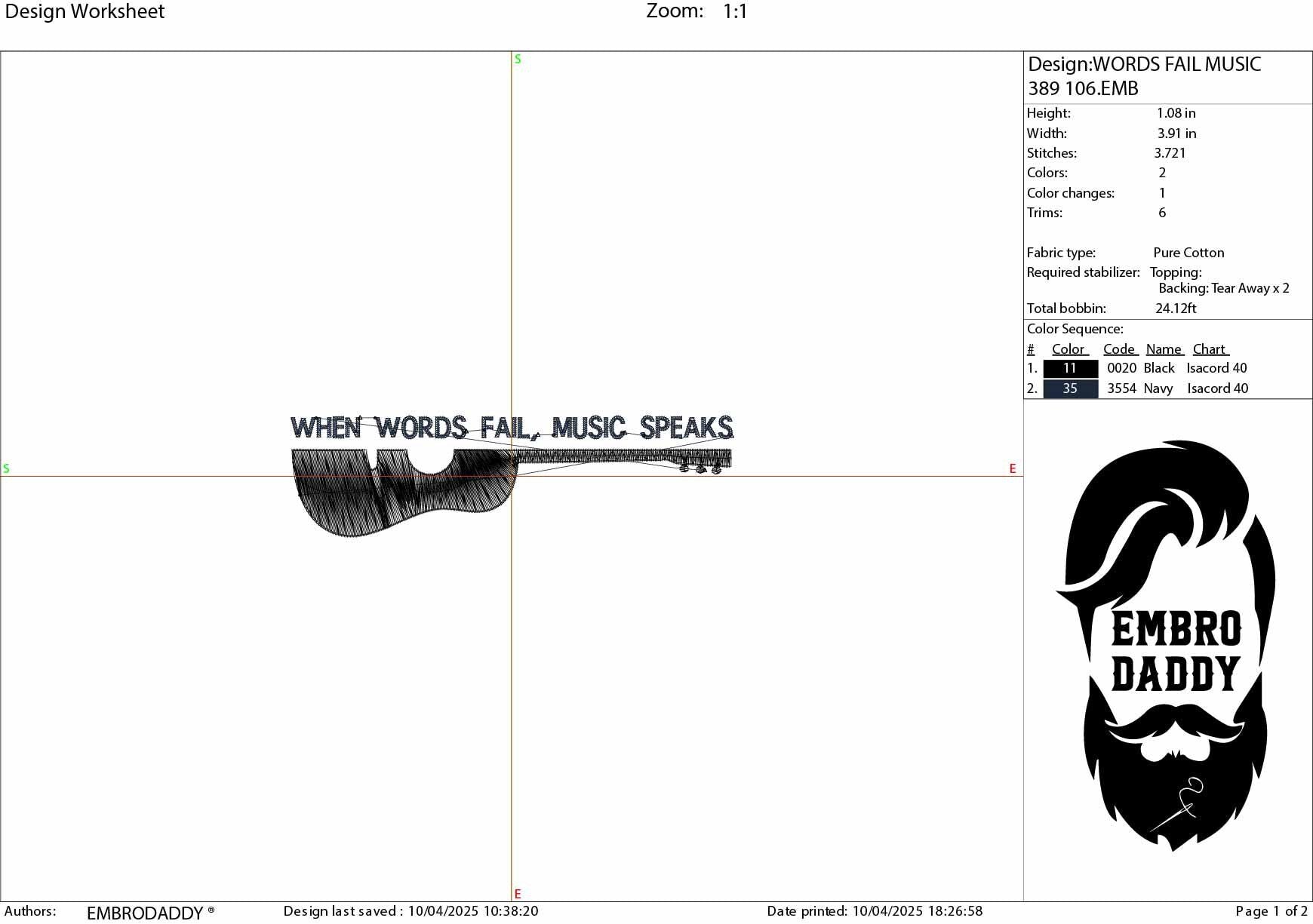 Machine Embroidery files, Music Speaks Guitar, When Words Fail Music Speaks, Acoustic Guitar, PES, DST, xxx, hus & more