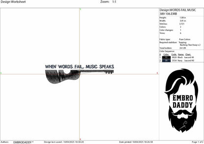 Machine Embroidery files, Music Speaks Guitar, When Words Fail Music Speaks, Acoustic Guitar, PES, DST, xxx, hus & more