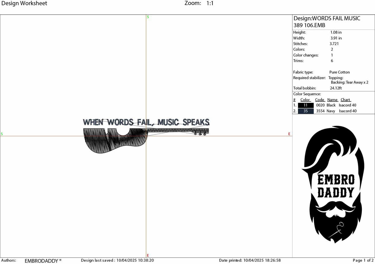 Machine Embroidery files, Music Speaks Guitar, When Words Fail Music Speaks, Acoustic Guitar, PES, DST, xxx, hus & more
