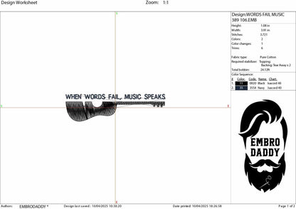 Machine Embroidery files, Music Speaks Guitar, When Words Fail Music Speaks, Acoustic Guitar, PES, DST, xxx, hus & more