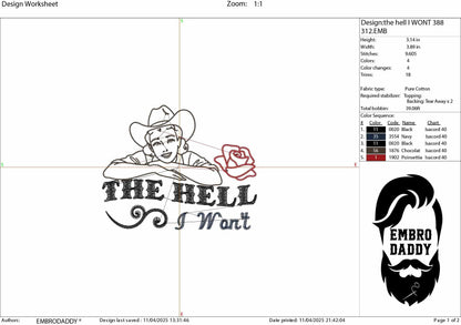Machine Embroidery files, The Hell I Won't Western, Cowgirl, Funny 1950's, Housewife Vintage Retro Funny Quote PES, DST, xxx, hus & more