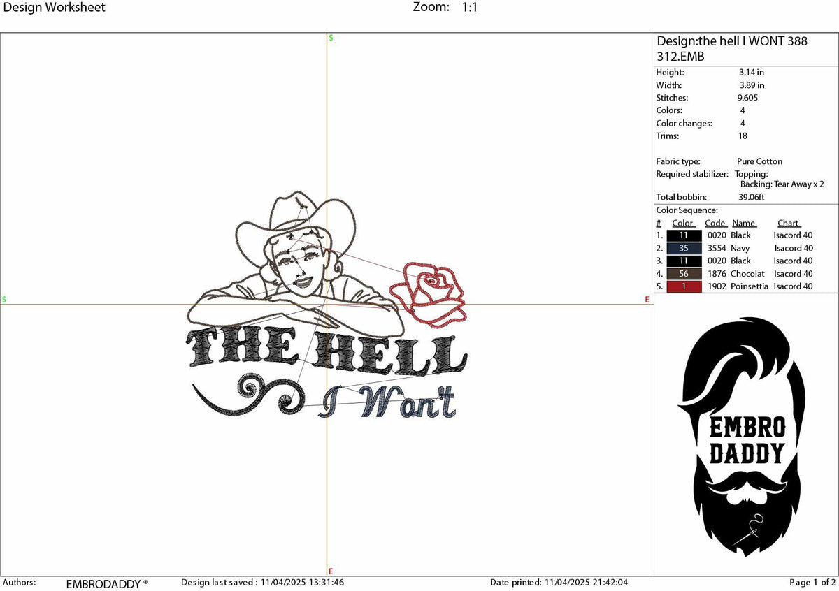 Machine Embroidery files, The Hell I Won't Western, Cowgirl, Funny 1950's, Housewife Vintage Retro Funny Quote PES, DST, xxx, hus & more
