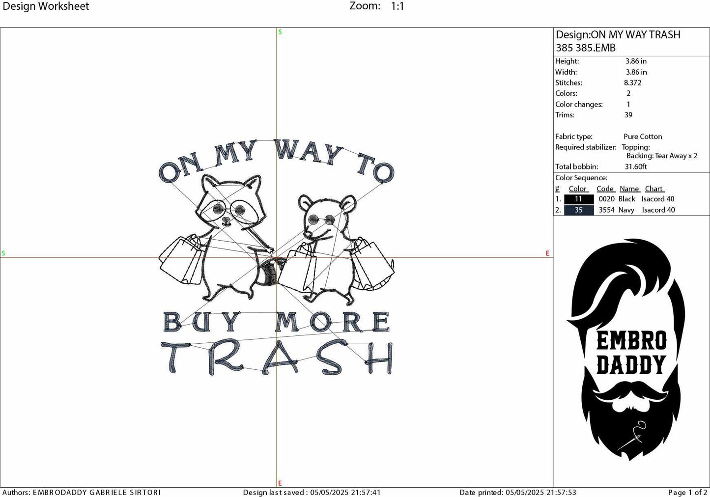 Machine Embroidery files, On My Way To Buy More Trash, Funny Sarcastic Raccoon, Funny Opossum Shopping Lover, PES, DST, xxx, hus & more