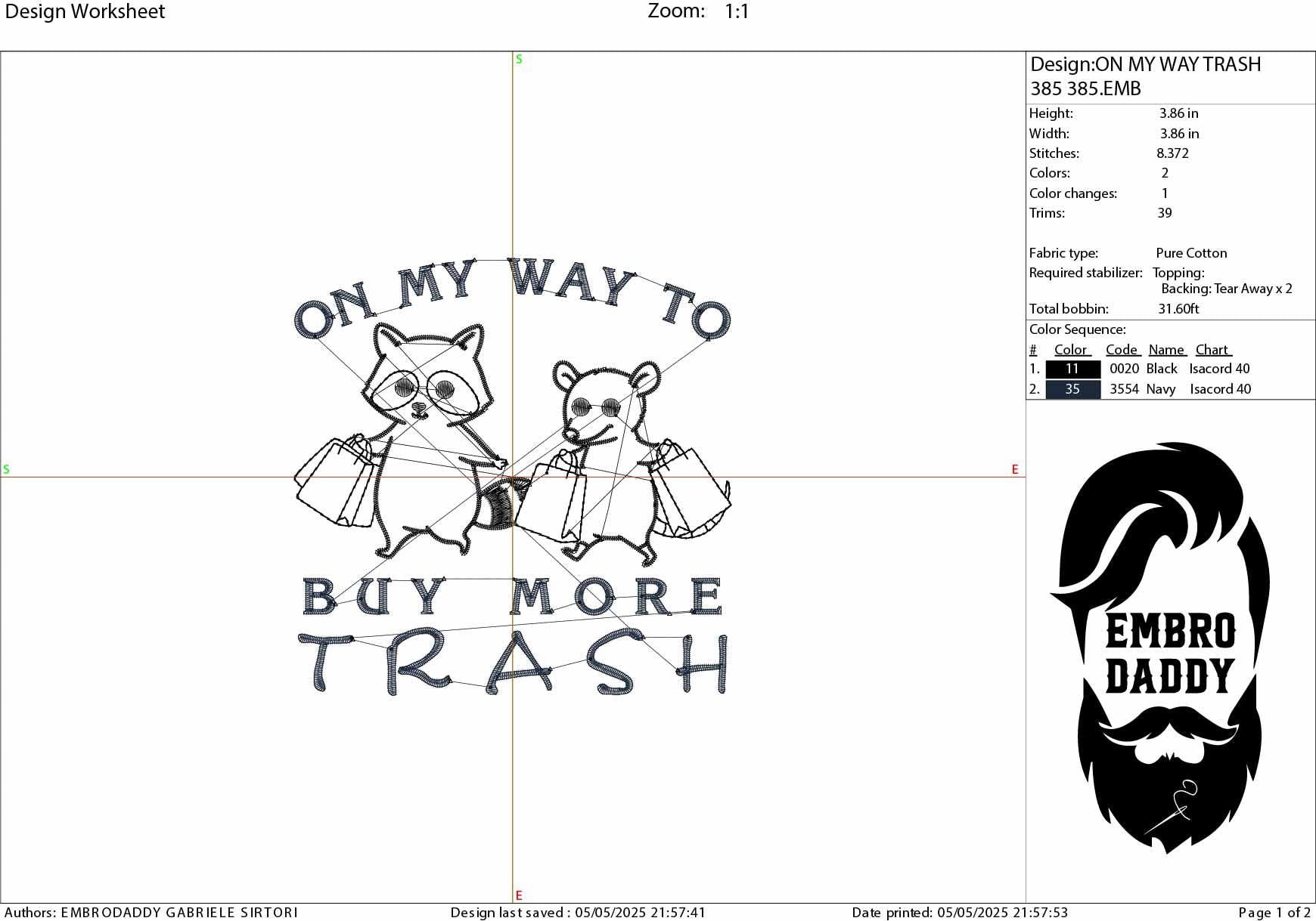 Machine Embroidery files, On My Way To Buy More Trash, Funny Sarcastic Raccoon, Funny Opossum Shopping Lover, PES, DST, xxx, hus & more