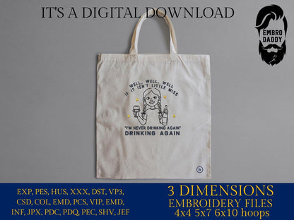 Machine Embroidery files, Little Miss Drinking Again, dst PES, xxx, hus & more