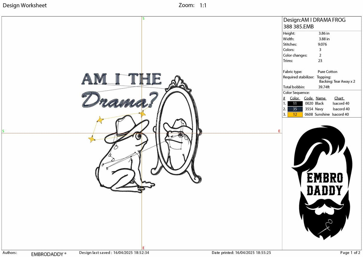 Machine Embroidery files, Am I The Drama, Retro Trendy Funny Sarcastic Mental Health Humor Quirky Cowboy Frog, PES, DST, xxx, hus & more