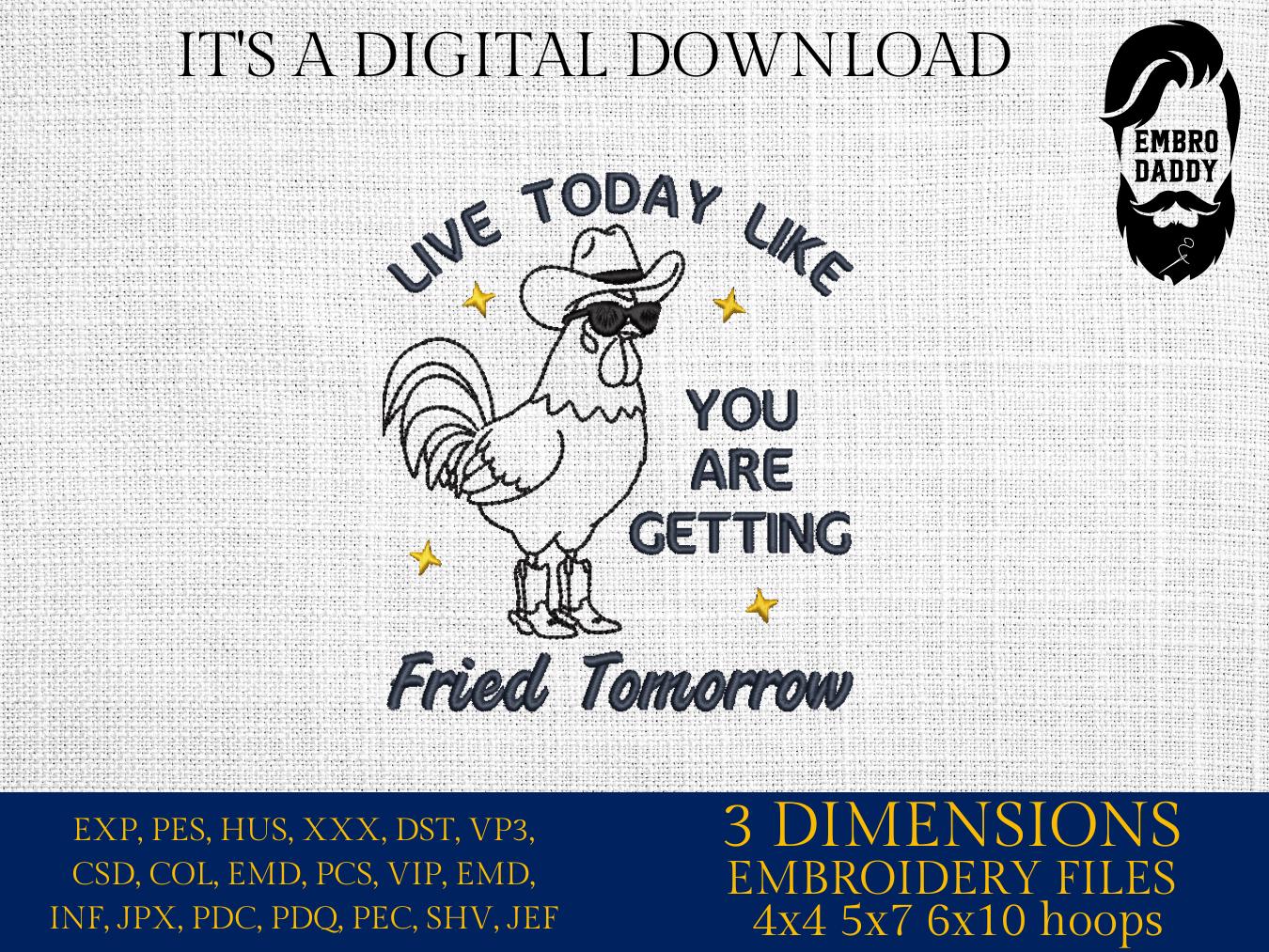 Machine Embroidery files, Live Today Like Fried Tomorrow, Funny, Sarcastic, Self Care ,Western, Rooster, Farmhouse DST, PES, xxx, hus & more