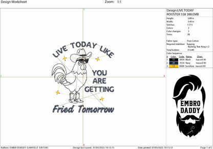Machine Embroidery files, Live Today Like Fried Tomorrow, Funny, Sarcastic, Self Care ,Western, Rooster, Farmhouse DST, PES, xxx, hus & more
