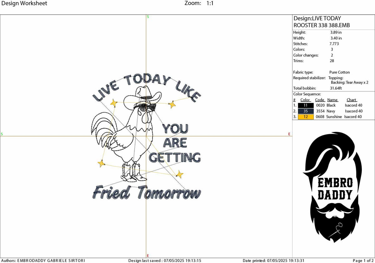 Machine Embroidery files, Live Today Like Fried Tomorrow, Funny, Sarcastic, Self Care ,Western, Rooster, Farmhouse DST, PES, xxx, hus & more