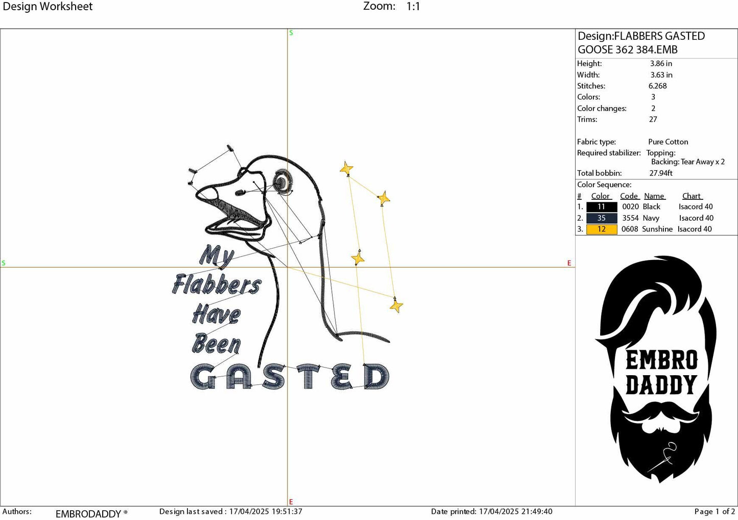 Machine Embroidery files, My Flabbers Have Been Gasted, Funny goose Design, Snarky, Trendy Sarcastic goose, PES, DST, xxx, hus & more