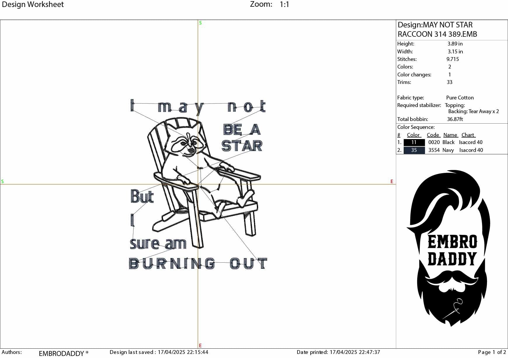Machine Embroidery files, I May Not Be A Star, But I Sure Am Burning Out, Funny, Sarcastic Raccoon PES, DST, xxx, hus & more