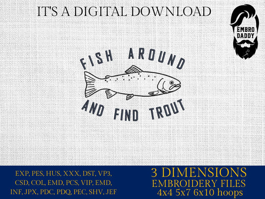 Machine Embroidery files, Fish Around And Find Trout, Good Fishing Puns, Fishing Memes, Funny Fisherman, PES, DST, hus & more