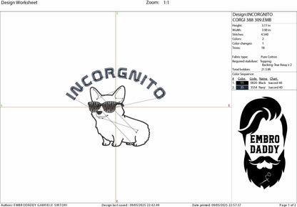Machine Embroidery files, Incorgnito, Incognito, Corgi Dog, Mom, Puppy, Cute Puns, Funny Sketch, Sayings, pes, dst, hus & more