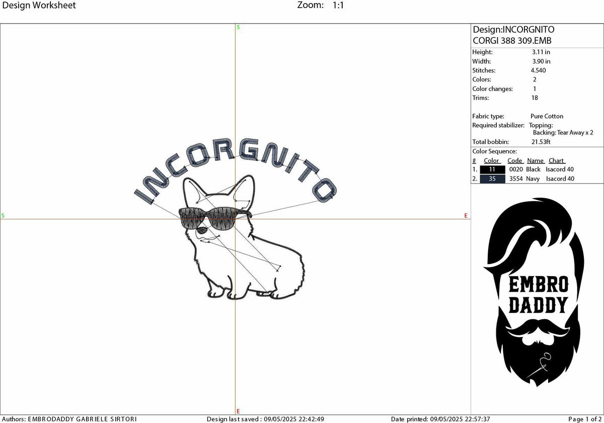 Machine Embroidery files, Incorgnito, Incognito, Corgi Dog, Mom, Puppy, Cute Puns, Funny Sketch, Sayings, pes, dst, hus & more