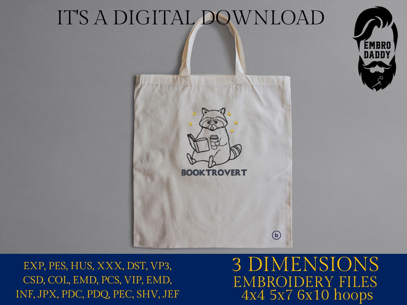 Machine Embroidery files, Booktrovert, Funny Book Lover, Reading Raccoon, Trendy Bookish, Book Lover, PES, DST, xxx, hus & more