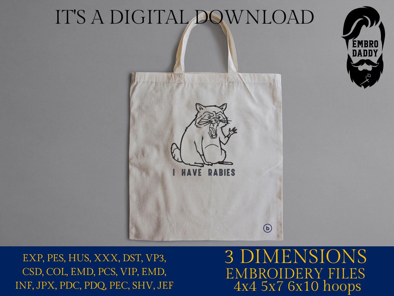 Machine Embroidery files, I Have Rabies, Funny Raccoon Meme, Funny Trash Panda, Sarcastic Snarky, Adult Humor, PES, DST, xxx, hus & more